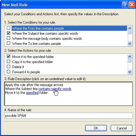 New message rule window